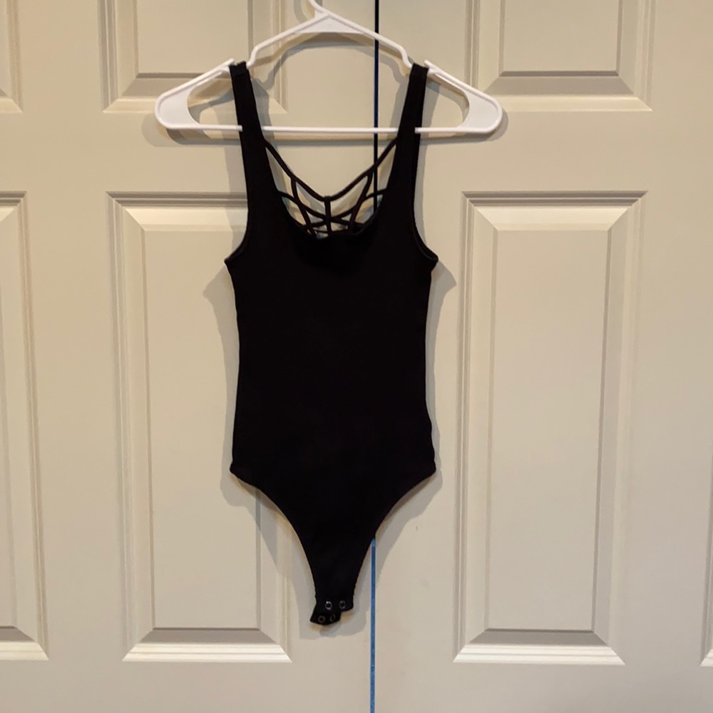 Black strappy ribbed thong body suit